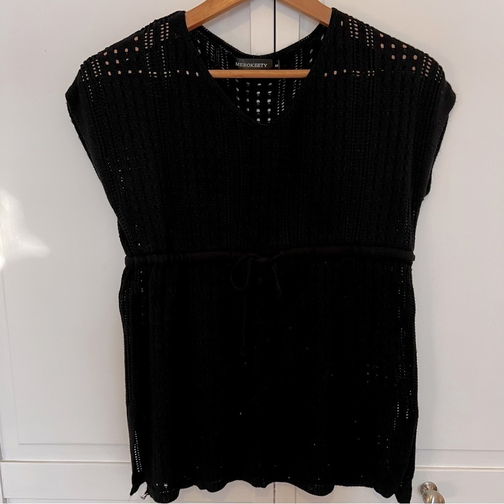 MEROKEETY |Black Crochet Cinch Waist Short Sleeve Top Sweater Whimsygoth‎ Size S